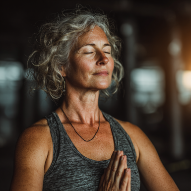 Жінка зрілого віку виконує вправи йоги на природі