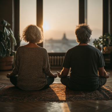 Група людей зрілого віку займається йогою в затишній студії